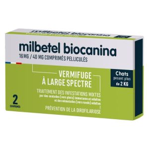 BIOCANINA - Milbetel, Vermifuge à large spectre - 16mg/40mg comprimés pelliculés - 2 comprimés - chats +2kg - 3661729025247