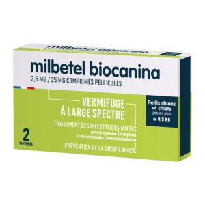 BIOCANINA MILBETEL 2.5mg/25mg Vermifuge Petits Chiens et Chiots de 0.5 à 10 kg - Comprimés Pelliculé