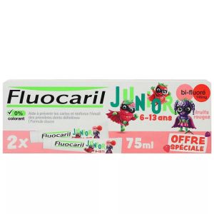 FLUOCARIL JUNIOR 6 à 12 Ans - Lot de 2 - Gel Dentifrice Fluoré Fruits Rouges 2x 75ml - Caries, Email