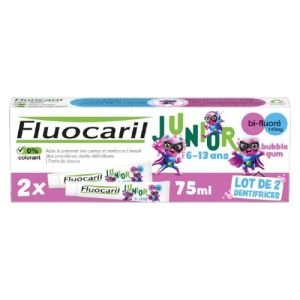 FLUOCARIL JUNIOR 6 à 12 Ans - Lot de 2 - Gel Dentifrice Fluoré Bubble 2x 75ml - Caries, Email