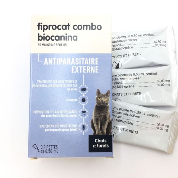 BIOCANINA , Fiprocat combo 50MG/60MG SPOT/ON Chat, Antiparasitaire , 3 pipettes , 3838989758905