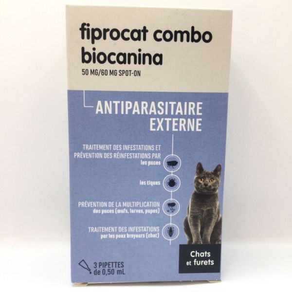 BIOCANINA , Fiprocat combo 50MG/60MG SPOT/ON Chat, Antiparasitaire , 3 pipettes , 3838989758905