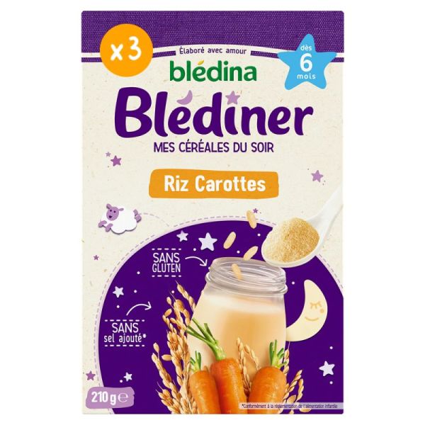 BLEDINER Riz Carottes 210g - Nourrissons de 6 à 36 Mois - Céréales du Soir sans Gluten