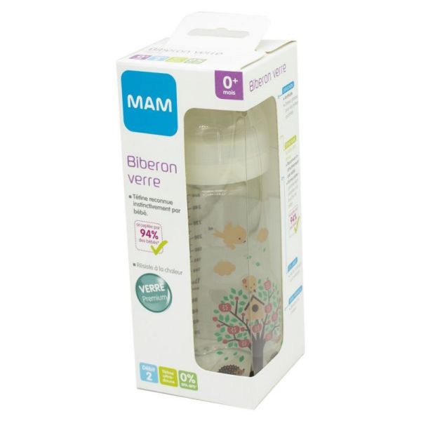 MAM Biberon en Verre Premium 260 ml Blanc - 0 Mois et +, Tétine SkinSoft  Débit 2 Moyen 9001616668661