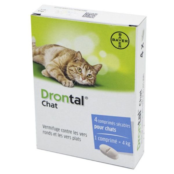 DRONTAL CHAT Vermifuge contre les Vers Ronds et les Vers Plats - Bte/4 Comprimés - BAYER