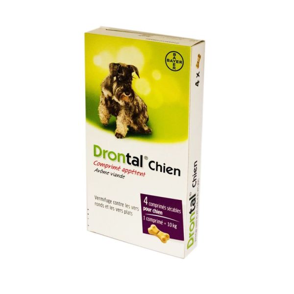 DRONTAL CHIEN Bte/4 Comprimés - Vermifuge Chiens contre les Vers Ronds et les Vers Plats - Comprimés