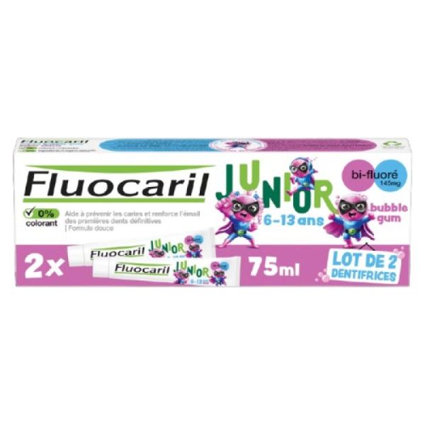 FLUOCARIL JUNIOR 6 à 12 Ans - Lot de 2 - Gel Dentifrice Fluoré Bubble 2x 75ml - Caries, Email